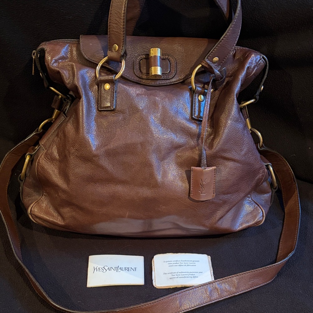 Authentic Yves Saint Laurent Chocolate Brown Leather Tote with Gold Hardware